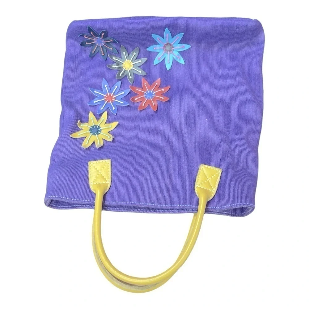 Jute and leather Purple tote bag with leather handle and flowers